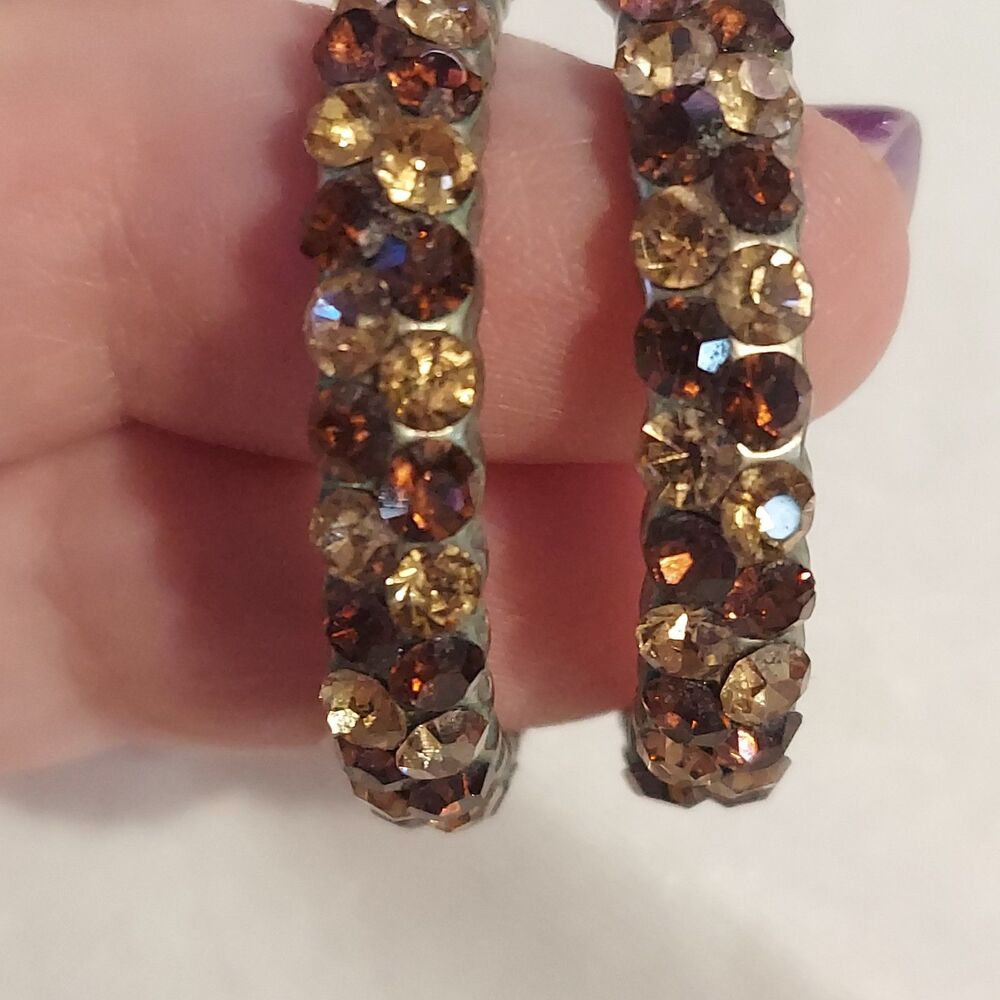 Hoop Earrings Earthtone Rhinestones Pierced 1 1/4"